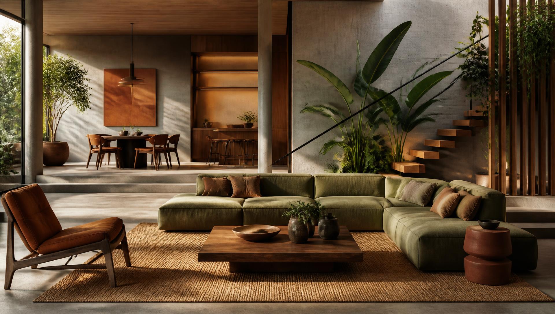 Modern urban luxury interior with warm natural materials and greenery